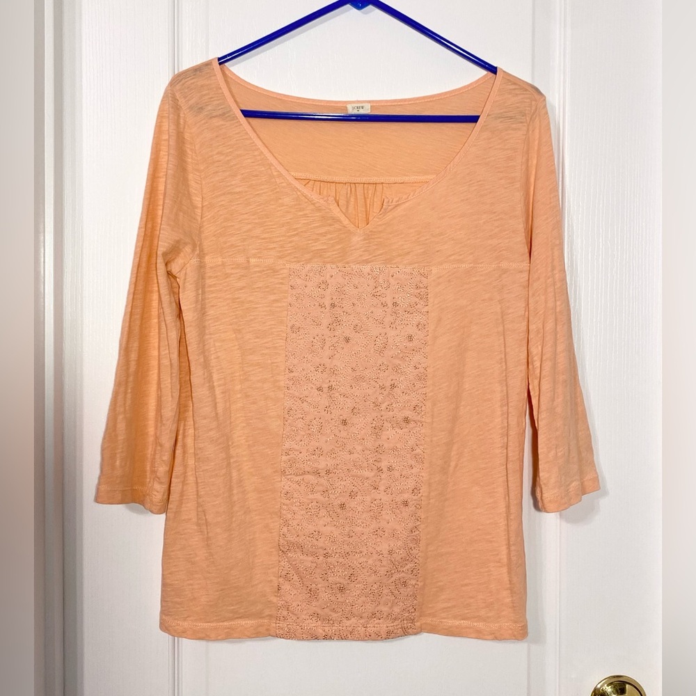 J.Crew Floral Embroidered Panel Split Neck 3/4 Sleeve Knit Blouse Peach Sz Small